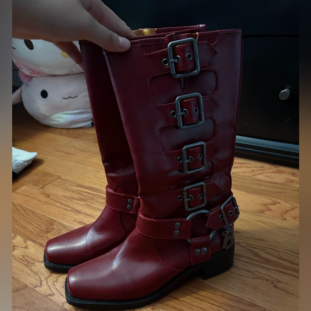 Dolls kill x bratz Women's faux red leather Buckle fearless rider moto Boots